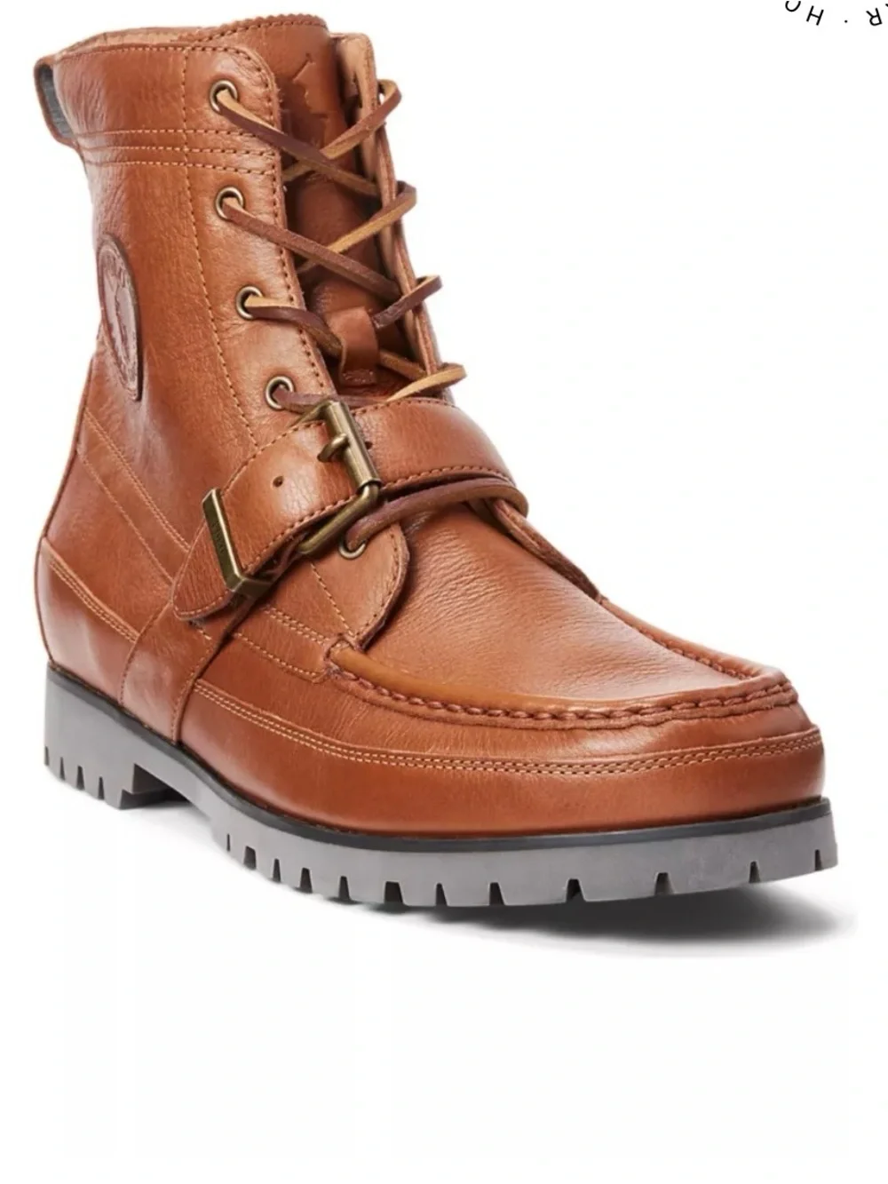 Polo by Ralph Lauren Men’s Cognac Leather Lace-Up Buckle Boot